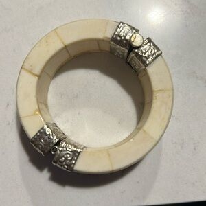 Vintage Antique Wood and Bone Hinged Bangle Bracelet 6.75” Pin Closure